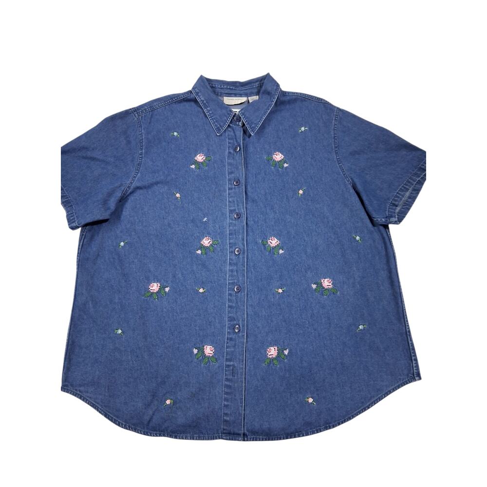 Vintage Y2K Lemon Grass Womens 22W Rose Embroidered Denim‎ Button Casual Shirt